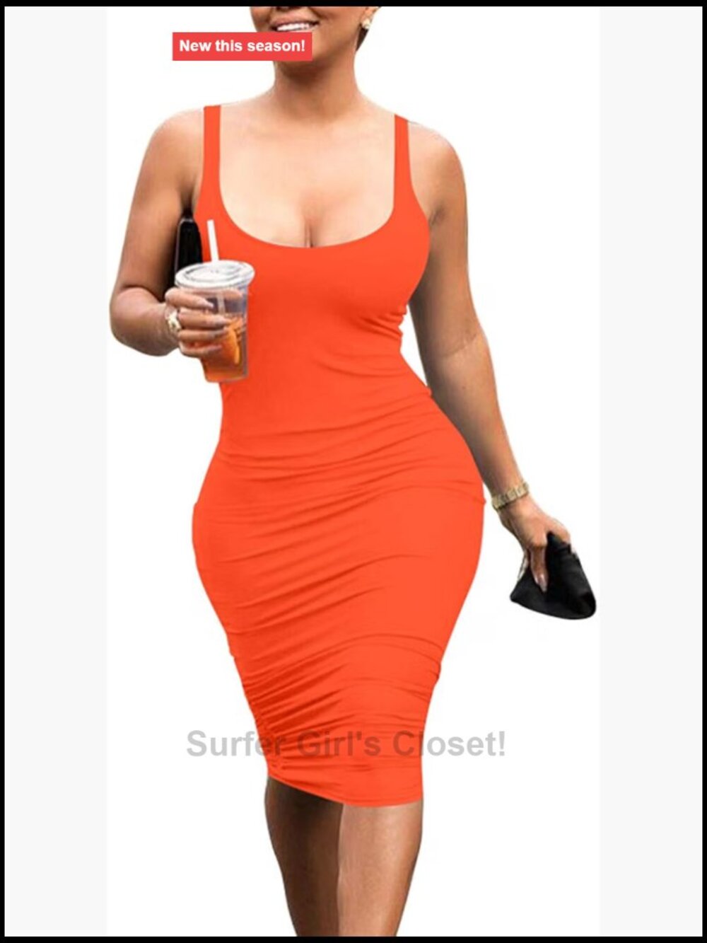 Sleeveless Bodycon Midi Pencil Dress Scoop Neck High Stretch Casual